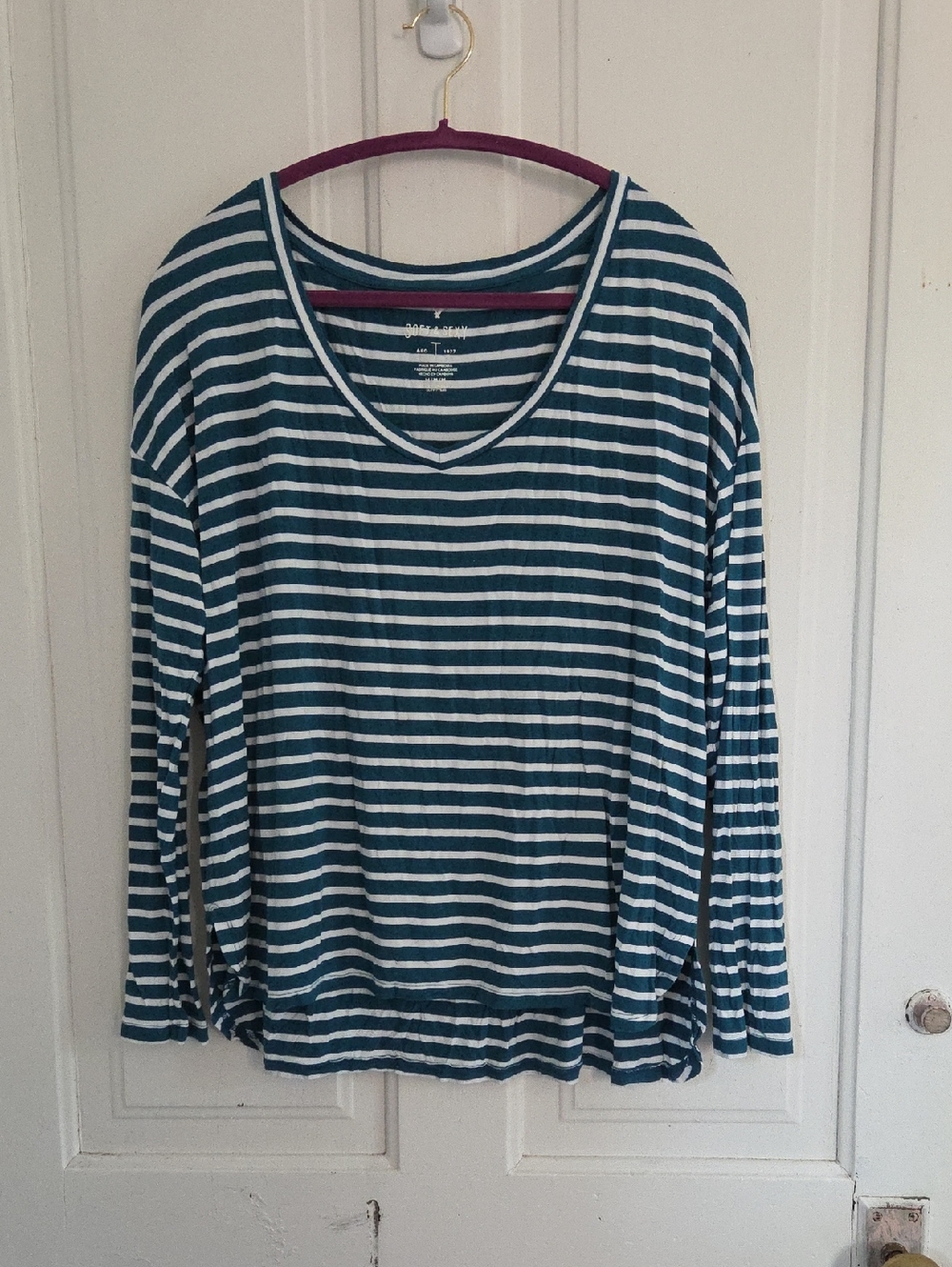 American Eagle Outfitters Teal And White Striped V Neck Long Sleeved Top